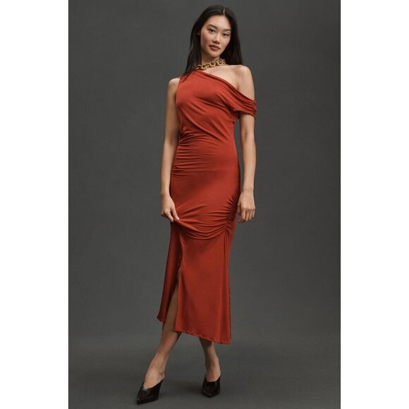 NWT Anthropologie Asymmetrical Slim Midi Dress M Wine Sheath Red Cocktail - Picture 1 of 9
